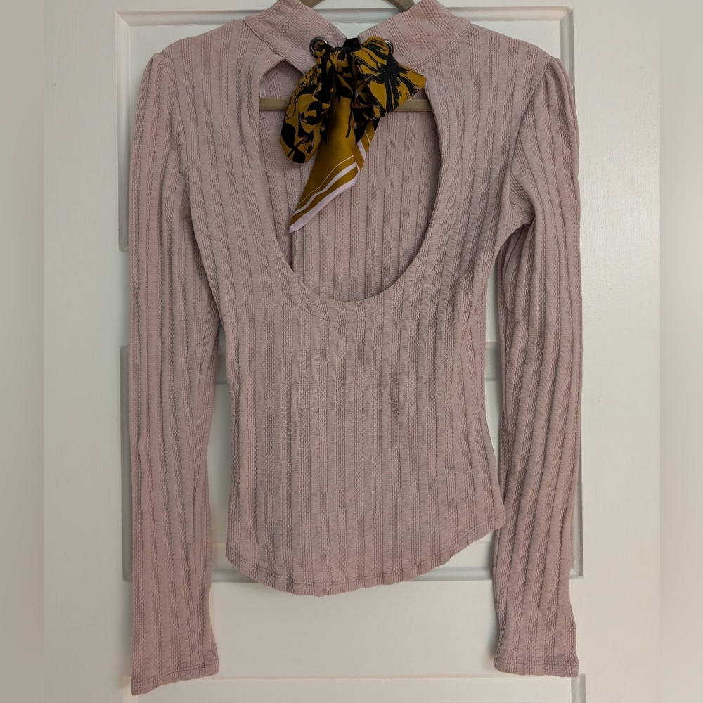 Free People Ribbed Pink Long Sleeve Top Open Back‎ with Scarf Detail Size S